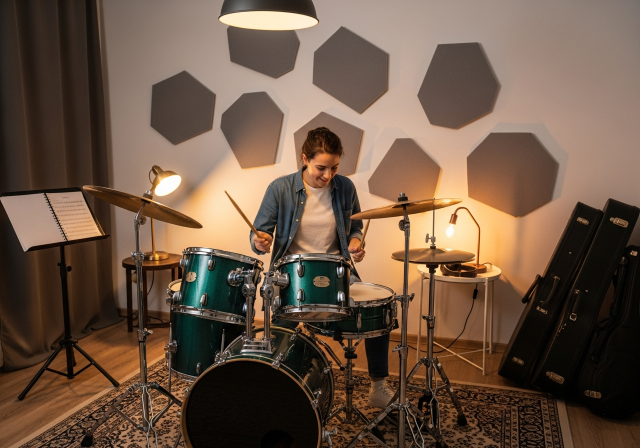 Ученик занимается на барабанах дома